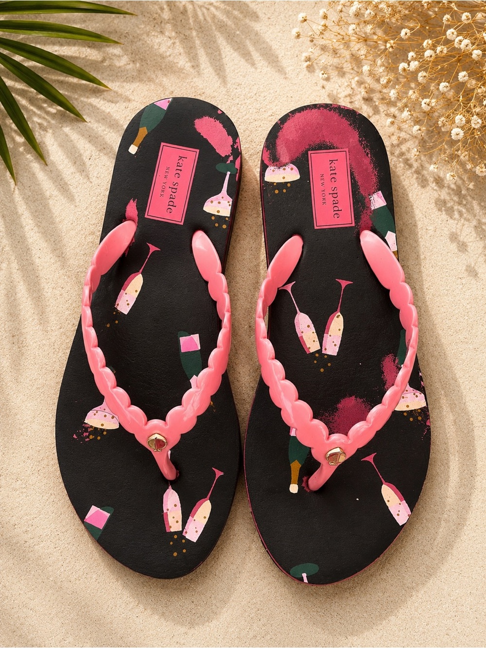 kate spade Black Flip Flops with Pink Braided Straps